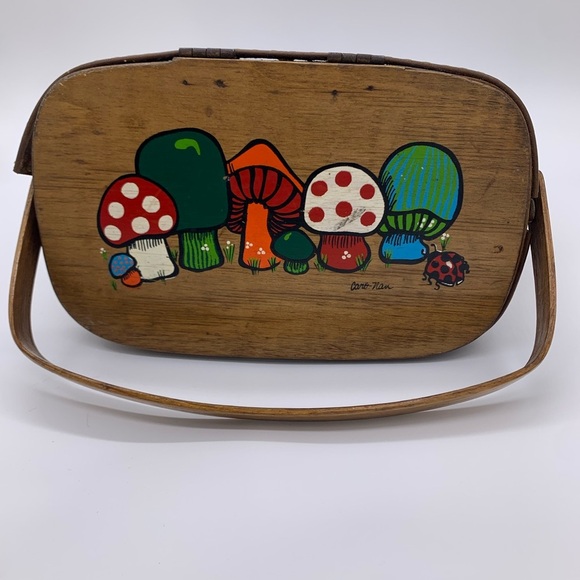 MCM Slenderella Fashion Wicker Basket Woven Painted Mushrooms By Caro Nan - Picture 14 of 16